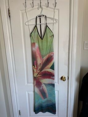 Mango Green Floral Backless Halter Maxi Dress